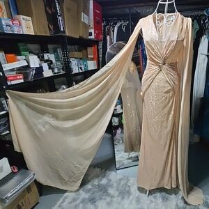 Faeriesty Sequinned Formal Tan Dress With Chiffon Train Sleeves Small